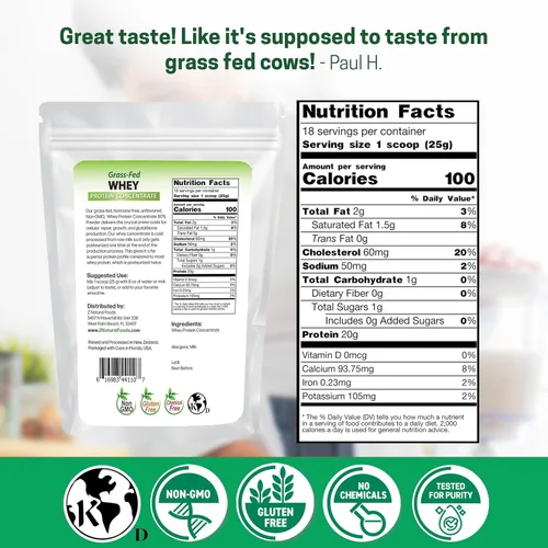 Vista 2 de Z Natural Foods Concentrado de proteína de suero alimentado con pasto - Polvo de proteína de suero limpio de Nueva Zelanda - Proteína de suero pura