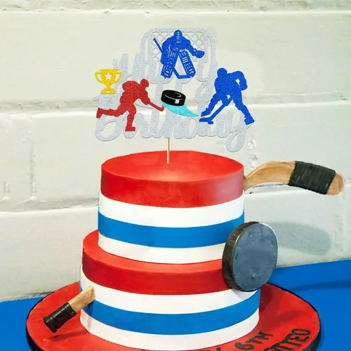 Vista 5 de Decoración para pastel de hockey sobre hielo Decoraciones de cumpleaños de hockey sobre hielo para niños, niñas, adultos – tema deportivo plateado