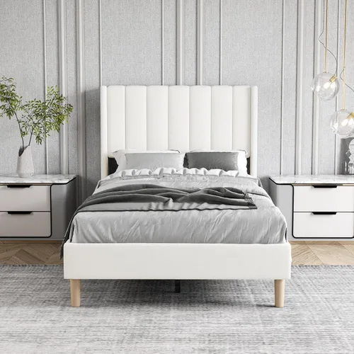 Vista 3 de Base de cama tapizada de tamaño individual con cabecero, listones de madera fuertes, no necesita somier, fácil montaje, terciopelo beige