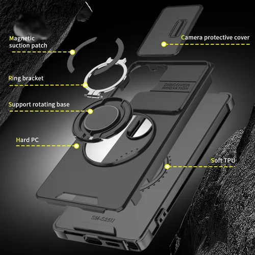 Vista 7 de Funda para Samsung S25 Ultra, con lente de cámara deslizante, soporte de anillo de dedo, resistente a prueba de golpes, funda protectora de grado