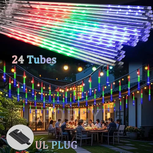 Vista 5 de Luces de lluvia de meteoros al aire libre, luces navideñas, 24 tubos, 576 LED, efecto de caída de nieve, lluvia en cascada, carámbanos, luz
