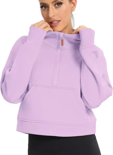Vista 6 de Sudadera corta con media cremallera para mujer, con forro polar, con cremallera de un cuarto, sudadera atlética de moda, trajes de invierno