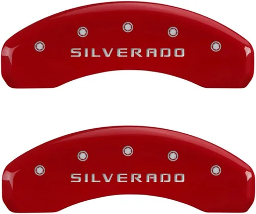 Vista 2 de MGP Caliper Covers 14002SSILRD 'SILVERADO' - Cubierta de pinza grabada con acabado en polvo rojo y caracteres plateados, (juego de 4)