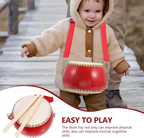 Vista 4 de Ipetboom Juego de 1 batería para niños, tambor para niños, tambor de bebé, tambor de mano para niños, juego de batería de juguete musical con palos