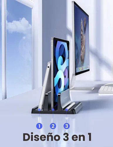 Vista 2 de Vaydeer Soporte vertical para laptop, soporte organizador de plástico ajustable para computadora de escritorio, para ahorrar espacio, 3 en 1