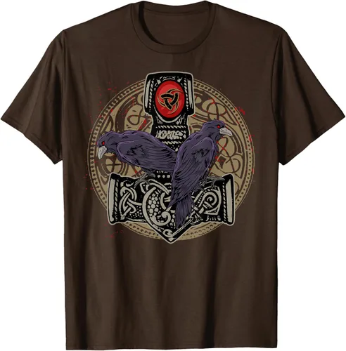 Vista 7 de Thors Hammer Mjolnir Huginn and Muninn Odin Raven - Camiseta, Negro, S