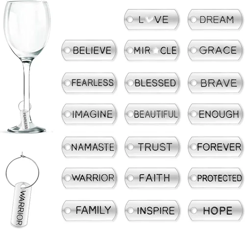 Vista 8 de 20 piezas de dijes para copas de vino, marcadores de bebida con texto de inspiración y temática de cáliz con diseño de hebilla para vino, cóctel