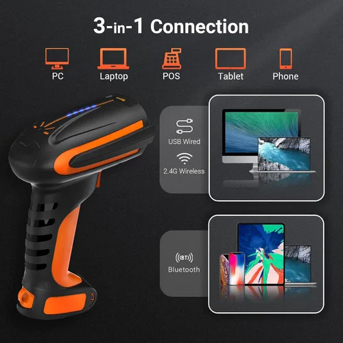 Vista 5 de Tera Escáner de código de barras inalámbrico con soporte: naranja industrial resistente a caídas IP66, BT 2.4G USB, 640*480 CMOS Global, 1D 2D QR