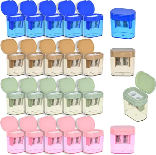 Vista 7 de BOPART - Sacapuntas manuales de colores a granel, 24 sacapuntas de mano pequeños con doble agujero con tapa para niños y adultos en el aula