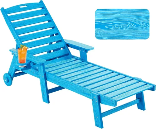 Vista 12 de Chaise Lounge Chair al aire libre con ruedas, silla de patio de gran tamaño con textura de madera, silla de plástico de 5 posiciones para piscina