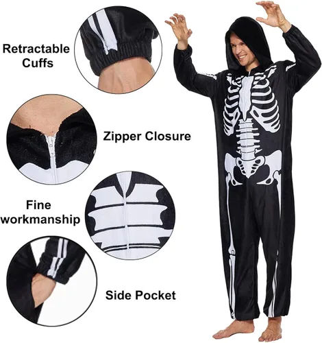Vista 4 de ReneeCho Pijama de esqueleto con capucha para adultos, hombres y mujeres, disfraz de Halloween, overol de una pieza, color negro, Negro
