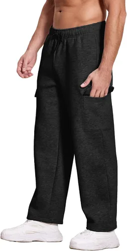 Vista 4 de Deyeek Pantalones deportivos con forro polar para hombre, pantalones deportivos de carga con parte inferior abierta, pantalones deportivos