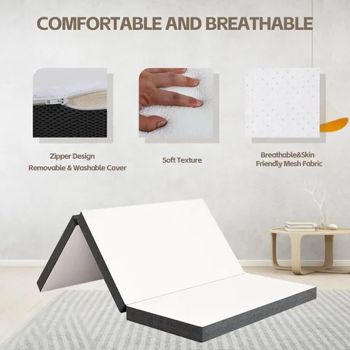 Vista 7 de Colchón plegable de 3 pulgadas, cubrecolchón de espuma viscoelástica de triple pliegue con funda lavable, cubrecolchón plegable portátil