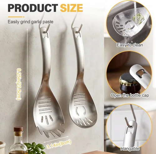 Vista 6 de Cuchara de cocina multifunción de acero inoxidable 5 en 1, cuchara ranurada Herramientas de cocina para triturador de ajo y patata, abrebotellas