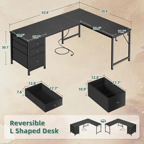 Vista 3 de Furologee 63" L Shaped Computer Desk with Power Outlet & USB-C Port, Reversible Home Office Desk with 2 Fabric Drawers, File Cabinet, Hooks, Large