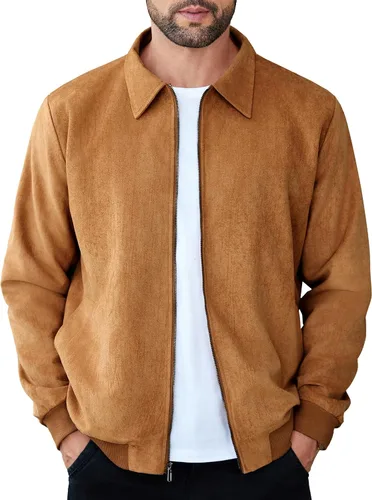 Vista 10 de COOFANDY Chaqueta bomber casual de ante para hombre, ligera, con cremallera completa, chaqueta de piel sintética vintage