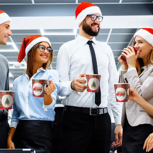 Vista 6 de 200 vasos de papel desechables de Navidad con asa, 8 onzas, búfalo, a cuadros, desechables, para café, cacao, chocolate caliente, vasos para bebidas
