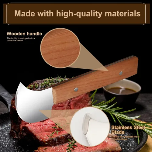 Vista 4 de Cuchillo basculante, cuchillo de carne para cortar carne, juego de hoja curvada y tenedor de acero inoxidable, asas de madera para amantes