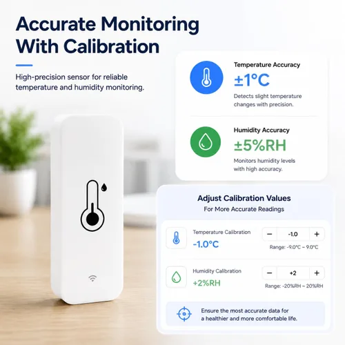 Vista 5 de Sensor de Temperatura y Humedad WiFi: Termómetro Higrómetro para Interiores con Alerta de Aplicación, Exportación Gratuita de Almacenamiento