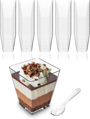 Vista 10 de Mini Copas de Postre con Cucharas (PAQUETE DE 50) (Cucharas Transparentes) (Sin Tapas) – Copas de Plástico de 5 oz para Aperitivos para Parfait
