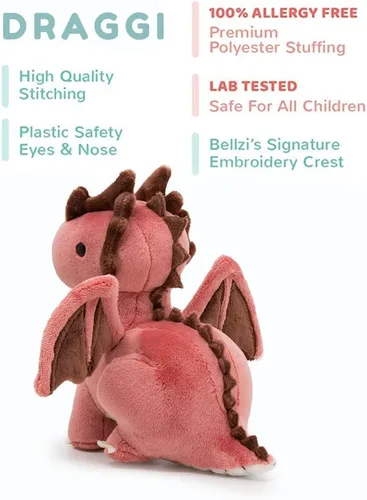 Vista 4 de Bellzi Dragón de fuego – Lindo juguete de peluche de 7 pulgadas – Adorable juguete de dragón suave y regalos – Regalo perfecto para niños, bebés
