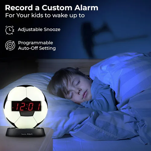 Vista 8 de Sonic Alert Reloj despertador con balón de fútbol con luz nocturna brillante, batería de reserva y atenuador de rango completo, reloj despertador