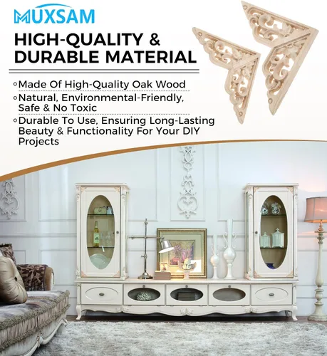 Vista 4 de MUXSAM Apliques decorativos de madera, paquete de 4 calcomanías de madera sin pintar, incrustaciones de incrustaciones de esquinas para armario