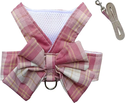 Vista 4 de Juego de arnés y correa para perro, lindo arnés a cuadros con pajarita para cachorro y gato, chaleco ajustable para gatitos para mascotas, arnés