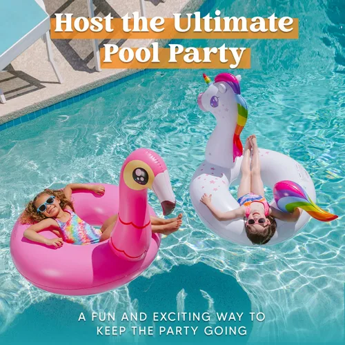 Vista 4 de JOYIN Paquete de 2 flotadores inflables de flamenco y unicornio para piscina, juguetes para decoración de fiesta, vacaciones de verano, lago, playa
