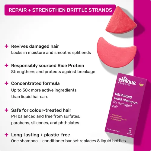 Vista 2 de Ethique Barra de champú reparadora para cabello seco y dañado con proteína de arroz, sin plástico, vegano, libre de crueldad, 3.88 oz