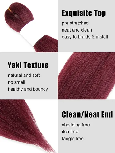 Vista 3 de Cabello trenzado burdeos, 10 pulgadas, 4 paquetes Cabello preestirado, trenzas de ganchillo cortas y rectas, textura Yaki, fibra sintética