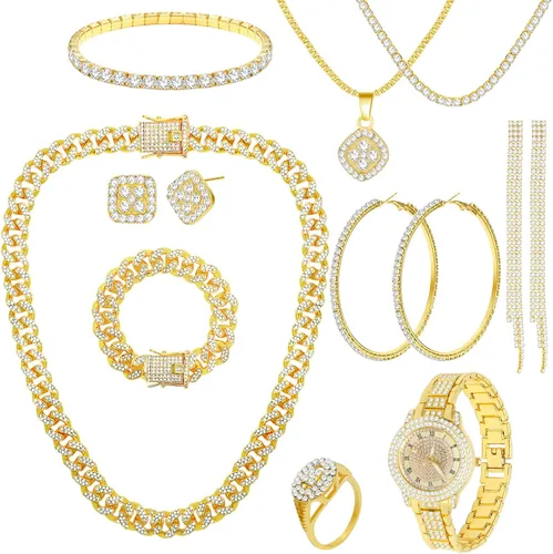 Vista 9 de NEWITIN 13 Pcs Silver Jewelry Set for Women Bling Diamond Cuban Jewelry Set Conjunto de joyas de plata