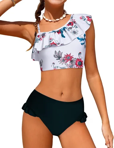 Vista 8 de Arshiner Traje de baño de dos piezas para niñas con volantes y ondas estampado, conjunto de bikini, traje de baño para niña con almohadilla
