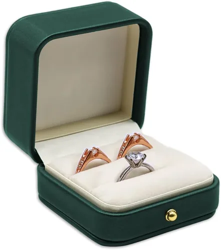 Vista 8 de Caja de compromiso de boda, caja de compromiso verde, caja cuadrada de terciopelo de cuero, caja para anillos de joyería de terciopelo de alta