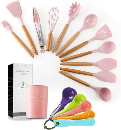 Vista 8 de Juego de 17 utensilios de silicona con mango de madera, resistente al calor, utensilios de cocina fáciles de limpiar, herramientas de cocina
