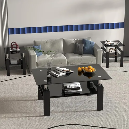 Vista 7 de Juego de 2 mesas auxiliares de cristal, mesa auxiliar pequeña de 2 niveles con parte superior de vidrio templado y patas de metal, mesa de esquina