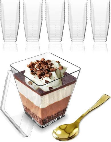 Vista 8 de Mini Copas de Postre con Cucharas (PAQUETE DE 50) (Cucharas Transparentes) (Sin Tapas) – Copas de Plástico de 5 oz para Aperitivos para Parfait