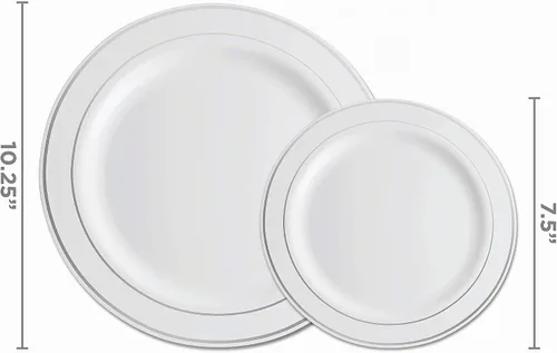 Vista 3 de Juego de 100 platos de plástico blanco con borde plateado, paquete