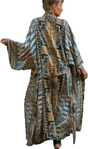 Vista 6 de RanRui Kimono de playa de gran tamaño con estampado Geometría de mujer Kimonos de rayón con cinturón para verano 81697 Azul