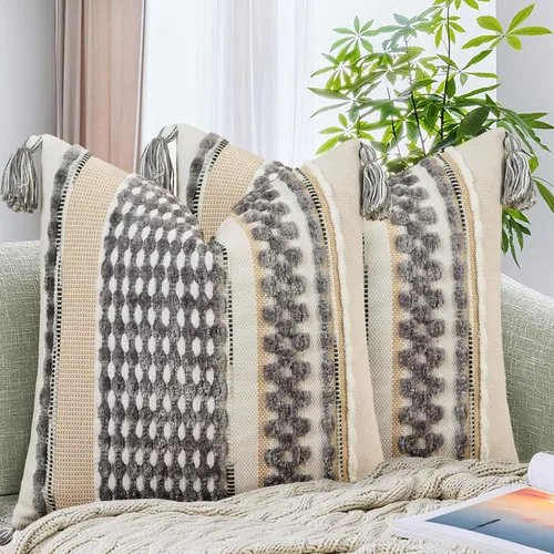 Vista 30 de AmHoo - Fundas de almohada de 18 x 18 pulgadas con borlas, fundas de almohada decorativas tejidas con textura de chenilla estilo boho para sofá