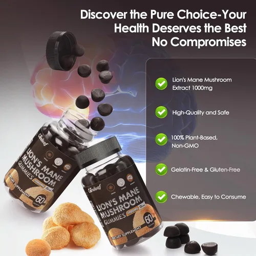 Vista 5 de Lions Mane - Gomitas de hongos para suplemento cerebral nootrópico, apoyo inmunológico, suplemento de hongos para aliviar el estrés, sabor a bayas