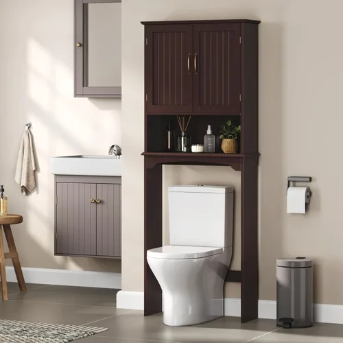 Vista 2 de Yaheetech Almacenamiento sobre el inodoro con 2 puertas y estante ajustable, estante de inodoro independiente de madera que ahorra espacio, gabinete