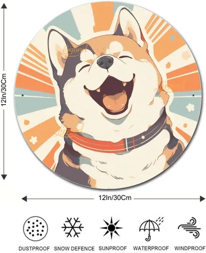 Vista 2 de Lygond Letrero de metal para pared, diseño de perro de Akita feliz en círculos de rayas vintage, letrero de lata para regalo, 12 x 12 pulgadas