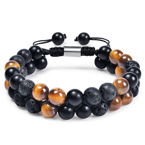 Vista 9 de DHQH Triple Protection Bracelet 8/10MM Hematite Black Agate Tigers Eye Stone Bracelet Crystal Jewelry Healing Bead Bracelets for Men Bring Luck