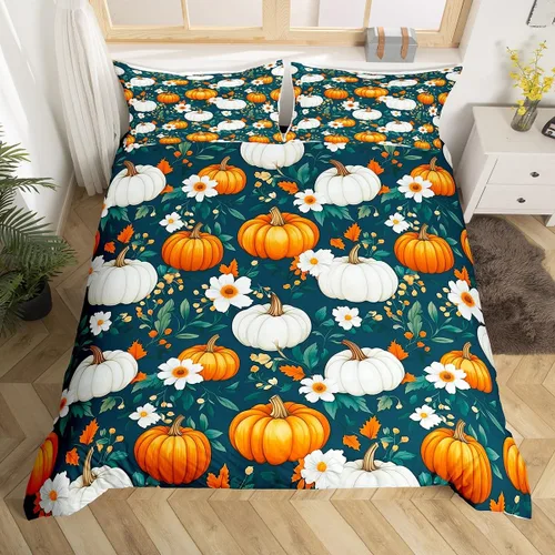 Vista 36 de Erosebridal Juego de funda de edredón individual de pavo de Acción de Gracias, juego de ropa de cama de calabaza y hojas de otoño para niños