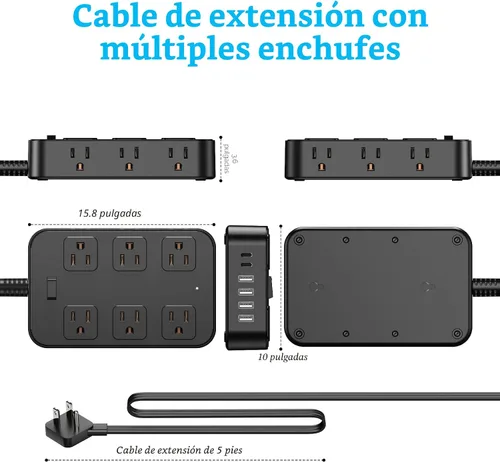 Vista 6 de Tira de alimentación con enchufe plano, protector de sobretensiones, cable de extensión de 5 pies con 12 tomas de corriente alterna, 6 puertos USB
