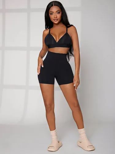 Vista 2 de OYOANGLE Pantalones cortos moldeadores de cintura alta para mujer, con control de abdomen