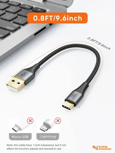 Vista 2 de CableCreation Cable corto USB a USB C de 0.8 pies, cable de carga USB C trenzado para Carplay, Galaxy S23 S23+ S22+ S22 S21 S20 Note 20, MacBook