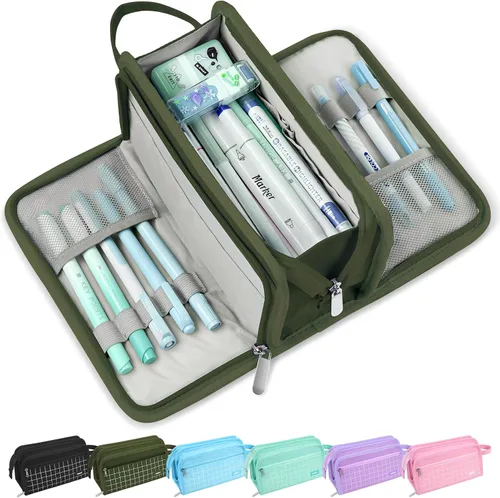 Vista 18 de Sooez Estuche grande para lápices, bolsa para lápices de gran capacidad con 3 compartimentos, organizador portátil de artículos de papelería de lona