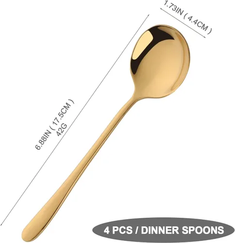 Vista 2 de Cucharas redondas de acero inoxidable para caldo, cuchara de sopa de acero inoxidable dorado, grande, juego de cucharas de cuenco profundo pesadas